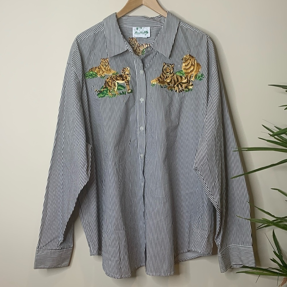 The Quacker Factory | Striped Long Sleeve Embroidered Lions Tigers Shirt 2-3X